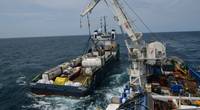 Crews aboard M/V SHELIA BORDELON offload more than 450,000 gallons of oil from the Coimbra shipwreck 30 miles offshore from Shinnecock, N.Y. U.S. Coast Guard responders discovered a significant amount of oil in cargo and fuel tanks during onsite assessments of the Coimbra in May 2019. (US Coast Guard photo by Michael Himes)