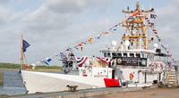 The Coast Guard Cutter Harold Miller sits moored during the commissioning ceremony at Sector Field Office Galveston, Texas, July 15, 2020. The crew of the Harold Miller will have a patrol area encompassing 900 miles of coastline for the Coast Guard’s Eighth District, from Carrabelle, Fla., to Brownsville, Texas. (USCG photo by Paige Hause)