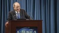 File photo: Sarkis Tatigian delivers remarks during a celebration of his 75 years of federal service at the Washington Navy Yard in 2017. (U.S. Navy photo by Jackie Hart)