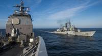The Peruvian frigate BAP Quiñones (FM 58) is underway alongside the Ticonderoga-class guided-missile cruiser USS Lake Champlain (CG 57) during a leapfrog exercise. Lake Champlain is participating in Silent Forces Exercise 2018 with the Peruvian and Colombian navies. (U.S. Navy photo by Mass Communication Specialist 1st Class Nathan Carpenter/)