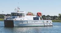 First-of-its-kind cargo vessel Captain Ben Moore delivers local produce and food across Long Island Sound. Built by Derecktor Shipyards, the aluminum catamaran is powered by two Cummins QSB 6.7 diesels, and lithium batteries connected to a pair of BAE Systems HybriDrive electric motors. (Credit: Harbor Harvest)