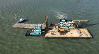 The dredge barge Everett Fisher sits aground in the Matagorda Ship Channel near Port Lavaca, Texas. (U.S. Coast Guard photo by Sector/Air Station Corpus Christi)