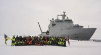 Norwegian Coast Guard vessel KV Svalbard and its crew at the North Pole: the ship is the first ABB Azipod powered craft to reach the Pole. (Photo: ABB)