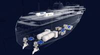 Illustration of the ship’s propulsion systems with integrated LH2 tank and fuel cells.
Photo: Havyard
