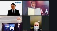 The Online Certificate Delivery Ceremony: (Top right: Takakage Imai, President, MOL Ship Management Co., Ltd.; Bottom right: Master of M/V “Orca Ace”, Capt. Sergey Nichiporenko; Bottom left: Satoshi Fujii, General Manager, Mitsui O.S.K. Lines, Ltd.; Top left: Yoshinori Kozeki, Corporate Officer, ClassNK)