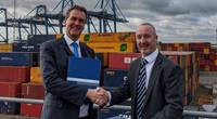 The signing ceremony took place in Tilbury Docks, UK on February 26. Representing Damen was Area Director Frank de Lange, while Forth Ports was represented by COO Stuart Wallace. (Photo: Damen)