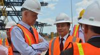 Port Everglades Chief Executive Steven Cernak and ZPMC Chairman Zhu Lianyu discuss the progress of improvements to the crane rail infrastructure that is already underway on the Southport docks. Photo Credit: Broward County’s Port Everglades