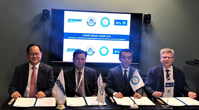 From left to right: Odin Kwon, Daewoo Shipbuilding & Marine Engineering, Deog Hee Doh, Korea Maritime and Ocean University, Naoki Mizutani, NAPA and Marko Dekena, AVL LIST signing the co-operation agreement at Nor-Shipping 2019 exhibition in Oslo. (Photo: NAPA)