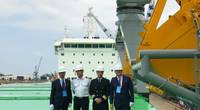 From left: Managing Director Mikki Koskinen, Chief Engineer Jarmo Kuronen, Master Jussi Vaahtikari and Chairman of the Board Aki Ojanen during the delivery ceremony. Photo: ESL Shipping Ltd