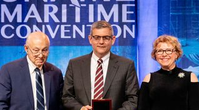 HII President and CEO Mike Petters, center, accepts the 2019 Vice Admiral Emory S. “Jerry” Land Medal from, at left, Fred Harris, former president of General Dynamics NASSCO and Bath Iron Works, and Suzanne Beckstoffer, president of Society of Naval Architect and Marine Engineers (SNAME). The Land Medal is presented to an individual for outstanding accomplishment in the marine field. Photo courtesy of SNAME