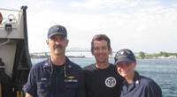 The RDC project team poses on USCGC Hollyhock after completion of the offshore mitigation system prototype test. From left to right, LT Charles Clark, Alexander Balsley, and Coast Guard Academy Cadet 2/c Valerie Hines.)