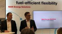 Stefan Eefting, SVP PrimeServ, MAN ES (left) and Christian P. Hoepfner, Managing Director, Wessels Marine, announcing the plan to run the containership Wes Amelie on Synthetic Natural Gas. Photo: Greg Trauthwein