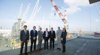 Representatives from Lindø port of Odense and Liebherr Rostock From left to right: Roman Chopyk (Sales Manager, Liebherr Rostock); Andreas Müller (Sales Director, Liebherr Mobile Harbour Cranes); Christian Kruse Trillingsgaard (Technical Manager, Lindø port of Odense); Carsten Aa (CEO, Lindø port of Odense); Leopold Berthold (Managing Director, Liebherr Rostock); Aron Boysen (Sales Manager, Liebherr Denmark), Sara Glasewald (Project Manager, Liebherr Rostock). Photo: Liebherr