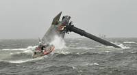 A U.S. Coast Guard Response Boat-Medium boat crew heads toward the capsized lift boat Seacor Power about 8 miles off Port Fourchon, La. on April 13, 2021. (U.S. Coast Guard photo courtesy of Coast Guard Cutter Glenn Harris)