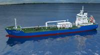 The 7,990 dwt newbuilding, soon to be christened Marine Vicky, will be the first bunker tanker for Singapore and Sinanju, to be powered mainly by LNG. (Image: Sinanju Tankers Holdings)