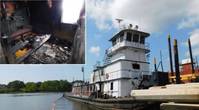 The Susan Lynn at its berth following the fire. Inset: crew quarters on board the Susan Lynn. (Photo: Louisiana Office of State Fire Marshal via NTSB)