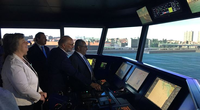 Ana Paula Vitorino, Portugal’s Minister of Sea & Cmdt. Rui Cunha, APDL Port Operations and Security Director, testing the Full Mission Bridge simulator (Photo: Wärtsilä)