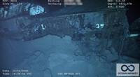 The stern of the wreck has the remains of “36” and “140.” Nevada’s designation was BB-36 and the 140 was painted on the structural “rib” at the ship’s stern for the atomic tests to facilitate post-blast damage reporting. (Photo: Ocean Infinity/SEARCH, Inc.)