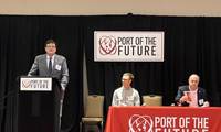 L-R: Mark Schrupp, executive director Port of Detroit, and Rob Moorcroft, Tunley Environmental, speak at Ports of Future Conference in Houston April 2024 (Photo: Port of Detroit)