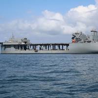 The Military Sealift Command expeditionary sea base USNS Hershel 'Woody' Williams (ESB 4) at anchor in the Chesapeake Bay in September 2019 during mine countermeasure equipment testing. (U.S. Navy photo by Bill Mesta)