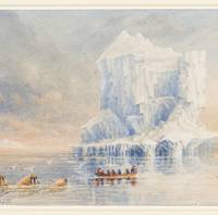 1836 watercolor painting by Admiral Sir George Back, then in command of the HMS Terror on a voyage to Hudson’s Bay, shows the ship and one of her boats beside an iceberg. (Courtesy: Canadian Museum of Civilization / Parks Canada)