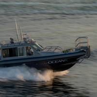 A custom 38-foot Defiant-class welded aluminum monohull pilothouse vessel will be carried aboard the recently-launched R/V OceanXplorer (Photo: Andy Mann, OceanX)