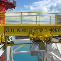 A customized, explosion protected 80 metric ton lift capacity crane as supplied by J D Neuhaus for use on an offshore rig