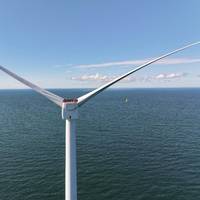 A GE Haliade-X Turbine Stands in the Vineyard Wind 1 Project Area South of Martha’s Vineyard. Photo Credit: Worldview Films