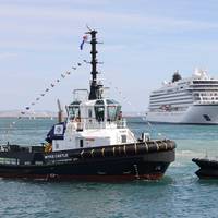 A new tug and a new pilot boat hit the water at Portland Port, following a naming ceremony. The tug was christened Wyke Castle and the pilot boat was named Silverwell. They continue in the tradition of new boats being named in honour of local castles and wells in the Weymouth and Portland area.  A visiting cruise ship, the Viking Vela, is pictured behind the two new boats. © Portland Port