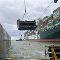 A pair of clamshell dredges—Donjon's Oyster Bay and Cashman's Dale Pyatt—are working to dig out the containership Ever Forward, which ran aground in the Chesapeake Bay. (Photo: William Doyle)