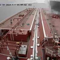 A screen capture from wheelhouse video on board the towing vessel Voyager shows the moment when the LPG tanker Genesis River struck barge 30015T, March 10, 2019. (Source: Kirby Inland Marine / NTSB)