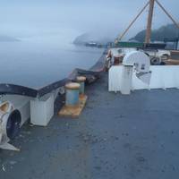 A section of the Coast Guard Cutter Sycamore’s port bow sustained damage from an allision with an Alaska Marine Lines barge while moored in the harbor of Cordova, Alaska. (U.S. Coast Guard photo by Coast Guard Cutter Sycamore.)