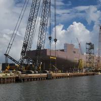 A view of the starboard side of  El Coquí under construction.  (Photo courtesy of Crowley)