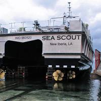 A view of the stern of the R/V Sea Scout and its four propellers during the build process. Photo courtesy All American Marine.