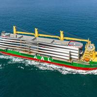 AAL Limassol, the first Super B-Class vessel to be delivered to AAL's fleet, pictured on its maiden voyage from ports in Asia to Europe in September 2024. It safely transported over 89,000 freight tons, a record for AAL and a first for an MPV of this deadweight. First loading in China, cargo included a dismantled crane, transformers, rotor houses, trucks, and two 135 m-long barges, weighing 1,650 and 1,425 tonnes each. In Tuticorin, India, the ECO-DECK was deployed to load a further 15 wind turb