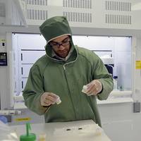 Adam Sarafian, lead author of the paper and a MIT/WHOI Joint Program student in the WHOI Geology and Geophysics Department, preps samples in Sune Nielsen's NIRVANA clean lab to remove all contamination from the surface prior to analysis. (Photo by Jayne Doucette, WHOI)
