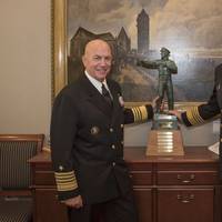 Adm. Phil Davidson, commander of U.S. Indo-Pacific Command, right, and Adm. Kurt W. Tidd, commander of U.S. Southern Command, pose with the Old Salt Award during a ceremony at the Pentagon. Davidson received the Old Salt award which is sponsored by the Surface Navy Association (SNA) and is given to the longest serving active-duty officer who is surface warfare officer (SWO) qualified. (U.S. Navy photo by Mass Communication Specialist 2nd Class Paul L. Archer/Released)