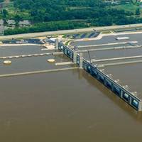 Aerial view of locks and dam on Mississippi River near Alton, Illinois, USA. Copyright Kent/AdobeStock