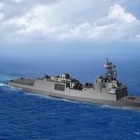 An artist rendering of the guided-missile frigate FFG(X). The new small surface combatant will have multi-mission capability to conduct air warfare, anti-submarine warfare, surface warfare, electronic warfare and information operations. (U.S. Navy graphic)