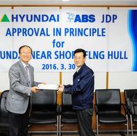 Andre Han, Vice President, Business Development in the ABS Pacific, Korea and Northern Region (left), presents Yun-Sik Lee, Executive Vice President, Shipbuilding Division at HHI, with a certificate acknowledging Approval i
