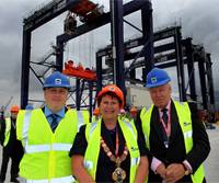Andrew Oxby, Operations Manager, Teesdock, PD Ports (left), Olwyn Peters, Mayor of Redcar and Cleveland (center) and Pekka Huhtaniemi, Finnish Ambassador for the UK (right).