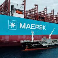 Ane Maersk receiving green methanol from bunkership Golden Sunny Hana (owned by Hana Marine) at the Ulsan Port anchorage. (Source: Ulsan Port Authority)