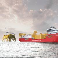 Artist’s illustration of Nexans Aurora cable laying vessel at an offshore windfarm. The vessel, currently under construction, will visit Nexans’ Charleston, S.C. plant, to pick up the export cables for the Seagreen project. Courtesy: Nexans
