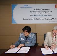 At SHI Geoje Ship Shipyard, Korea, SHI and Kongsberg Maritime signed a Joint Development Agreement (JDA) to develop an Autonomous 174K LNG Carrer. Image courtesy Samsung Heavy Industries.