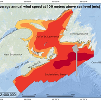 Average annual wind speed in metres per second at 100 metres above sea level. Adapted by CanmetENERGY-Ottawa from modelled wind speed data developed by Environment and Climate Change Canada.