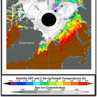 Average sea surface temperature measured by satellites using thermal emission sensors, which produce global data adjusted after comparison with ship and buoy data, and sea ice concentration derived from NSIDC near-real-time data for August 7, 2016. Also shown are drifting buoy temperatures at the ocean surface (colored circles); gray circles indicate that temperature data from the buoys are not available. (Credit: M. Steele, Polar Science Center/University of Washington)