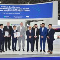 Awarding ceremony at HD Hyundai's booth at Gastech (left to right): Seonghyeon Yoo (DNV), Hwa Lyong Lee (DNV), Dong Jin Lee (HD Hyundai), Dohyeong Lim (CEO of Avikus), Vidar Dolonen (DNV Regional Manager), Seung Ho Jeon (SEVP, HD Hyundai), Thomas Klenum (EVP of LISCR), Jung Sik Kim (LISCR), Mathieu Kissin (LISCR), Ramendra Kumar (LISCR), Jinmo Park (Avikus)
