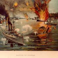 Battle of Manila Bay, 1 May 1898. Contemporary colored print showing USS Olympia in the left foreground, leading the U.S. Asiatic Squadron in destroying the Spanish fleet off Cavite. A vignette portrait of Rear Admiral George Dewey is featured in the lower left. (U.S. Naval History & Heritage Command Photograph)