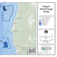 BOEM has designated two final Wind Energy Areas (WEAs) off the Oregon coast, the Coos Bay WEA is 61,204 acres and  located approximately 32 miles (mi) from shore. The Brookings WEA is 133,808 acres and  approximately 18 mi off the coast. If fully developed, the Final WEAs could support 2.4 GW of energy production. (Image: BOEM)