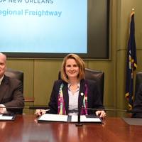 Brandy D. Christian (Right), President and CEO of the Port of New Orleans, and John M. Nations, President and CEO of Bi-State Development, sign an MOU Feb. 23, 2017 at the Port Administration building between the Port and the St. Louis Freightway. Photo Port of New Orleans